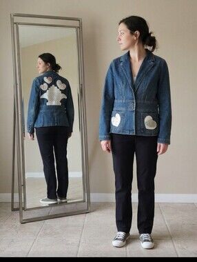 Upcycled Denim Blazer Jacket L-XL Hearts Crochet Dont Throw It Out